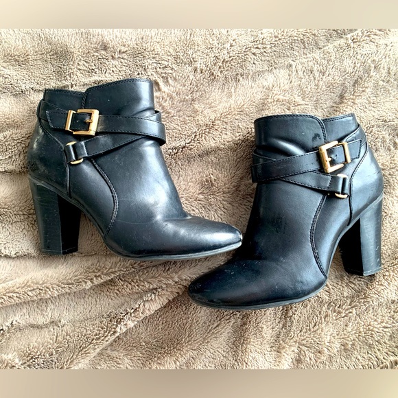 Black Ankle Boots w/ gold buckles - Picture 1 of 4